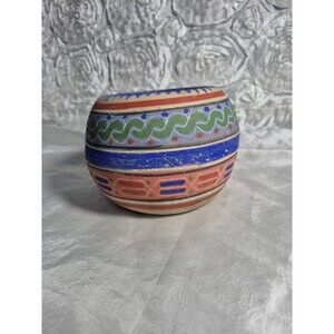 Vintage Mexico VASE TLAQUEPAQUE Opaque Folk Art Aztec Design Hand Painted